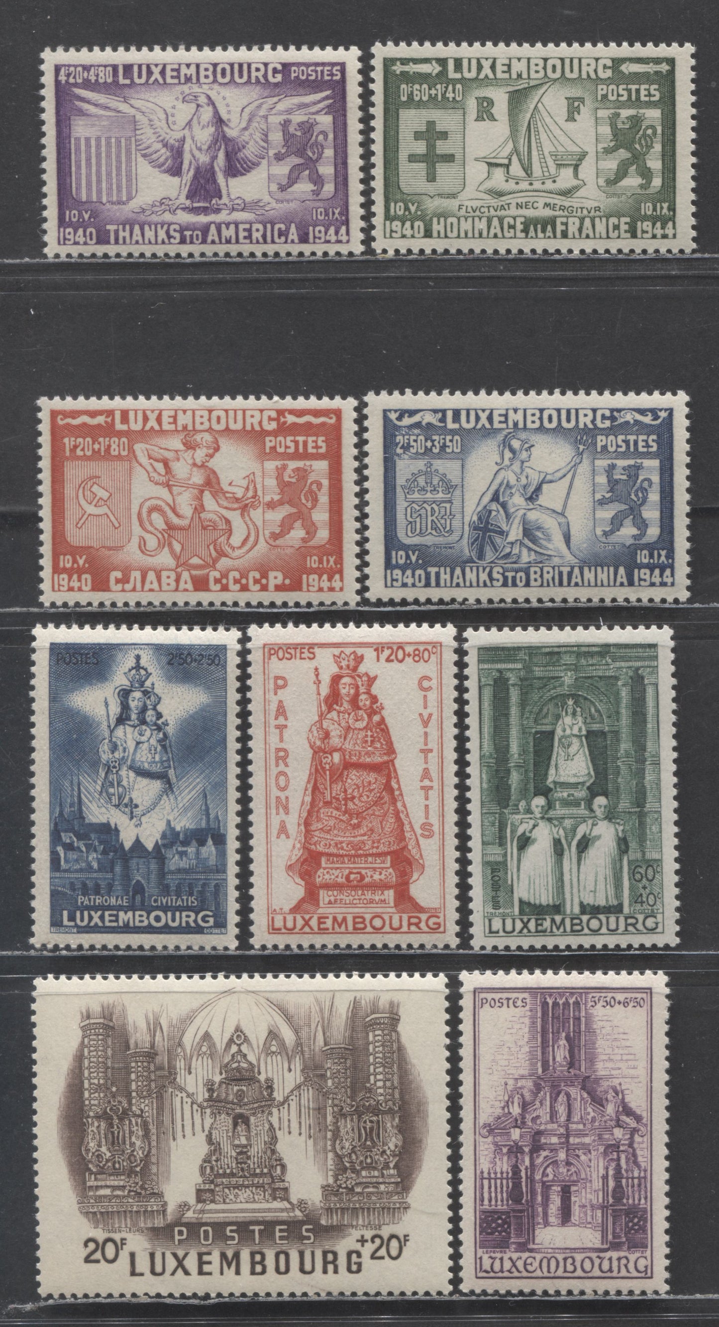 Luxembourg SC#B117-B125 1943 Allied Nations & Cathedral Semi Postals, 60c+1.4Fr Deep Green - 20Fr + 20Fr Chocolate, 9 VFNH Singles, Click on Listing to See ALL Pictures, 2022 Scott Classic Cat. $5.25 USD