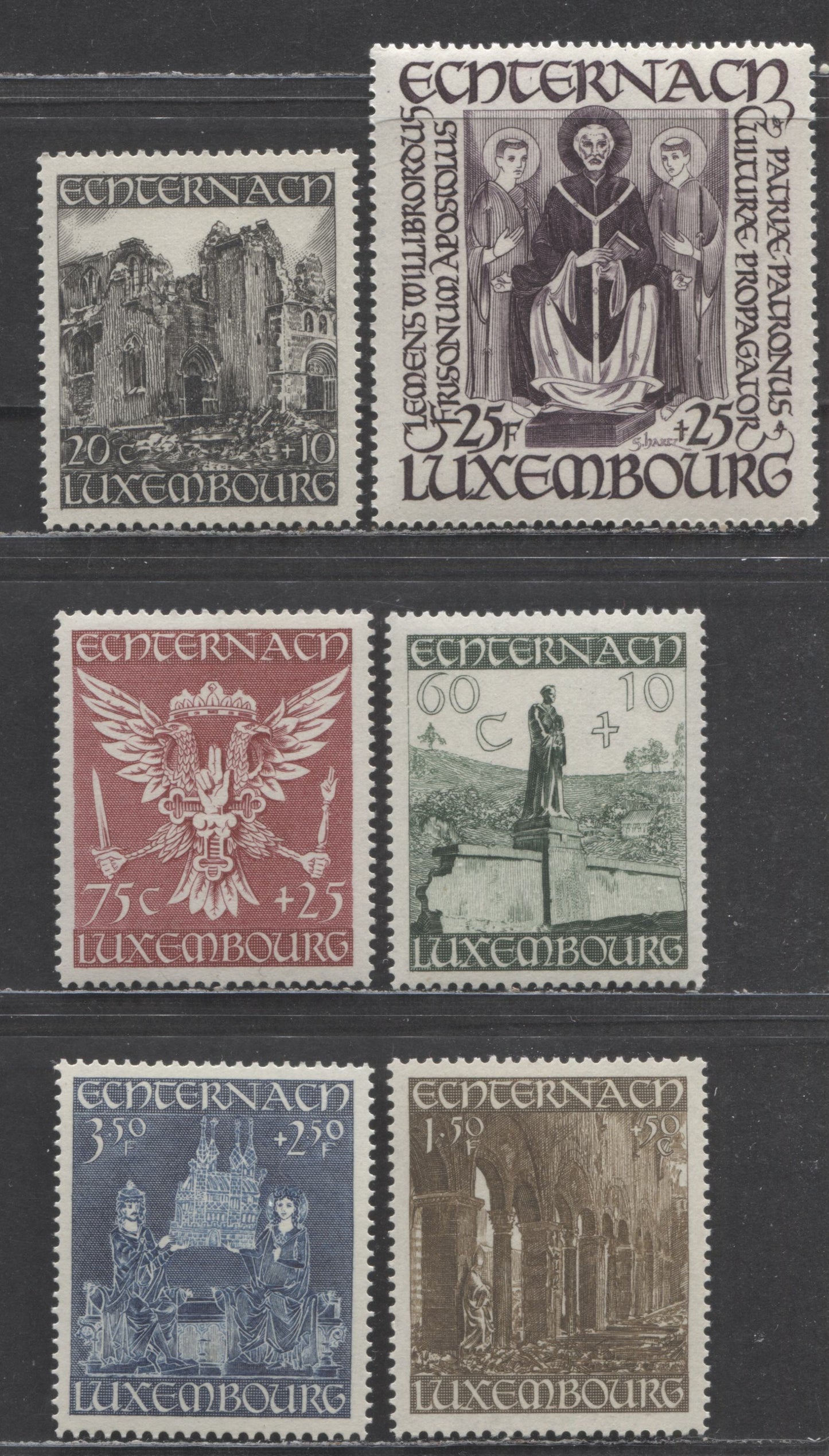 Lot 27 Luxembourg SC#B137-B142 1943 Basilica Of Saint Willibrord Semi Postals, 6 VFNH Singles, Click on Listing to See ALL Pictures, 2022 Scott Classic Cat. $40 USD