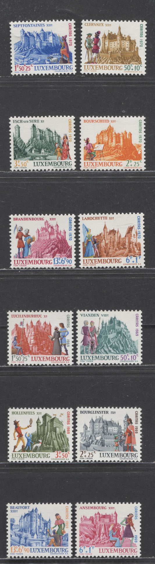 Luxembourg SC#B270-B281 1969-1970 Castles Semi Postals, 12 VFNH Singles, Click on Listing to See ALL Pictures, 2022 Scott Classic Cat. $5.2 USD
