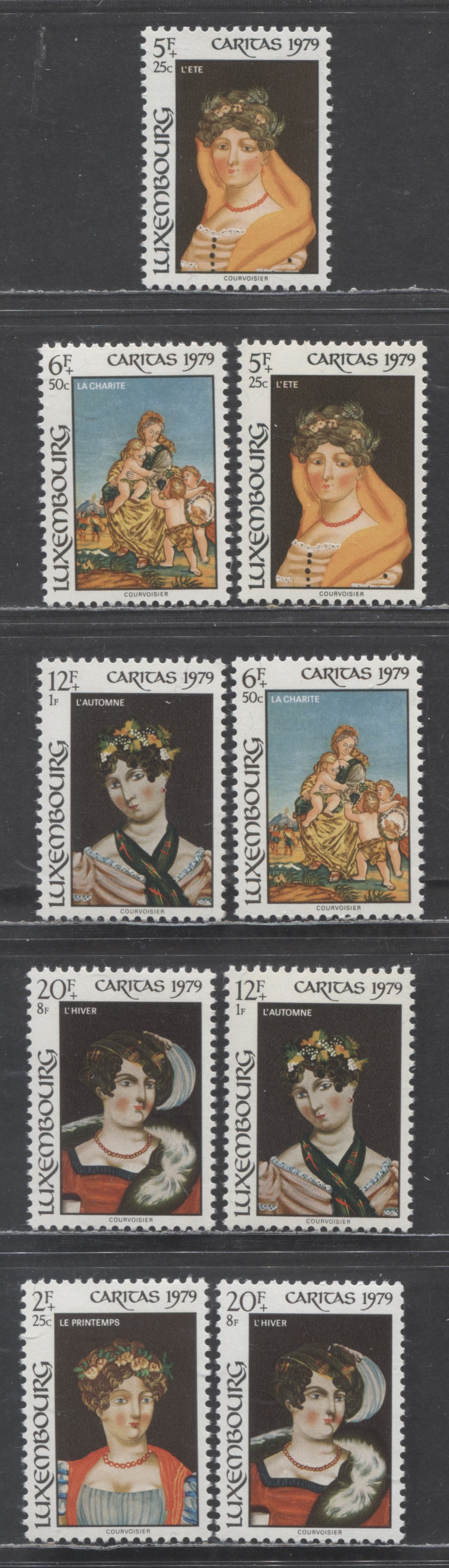 Luxembourg SC#B323-B327 1979 Paintings Semi Postals, On LF-fl & DF Papers, 9 VFNH Singles, Click on Listing to See ALL Pictures, 2022 Scott Classic Cat. $6.65 USD