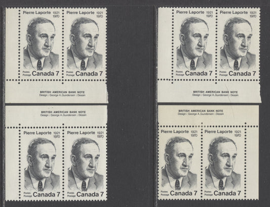 Lot 53 Canada #558,i 7c Black Pierre Laporte, 1971 Pierre Laporte, 4 VFNH Inscription Pairs With Different LF Backed Vertically Ribbed Papers
