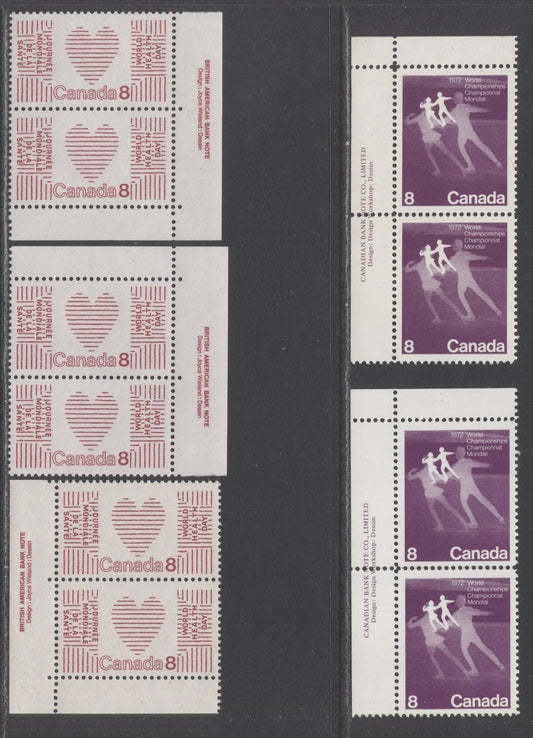 Canada #559-560ii 8c Deep Red Lilac & Red Figure Skaters & Heart, 1972 Figure Skating & UN World Health Day Issues, 5 VFNH Inscription Pairs With Different Fluorescent Sooth & Ribbed Papers