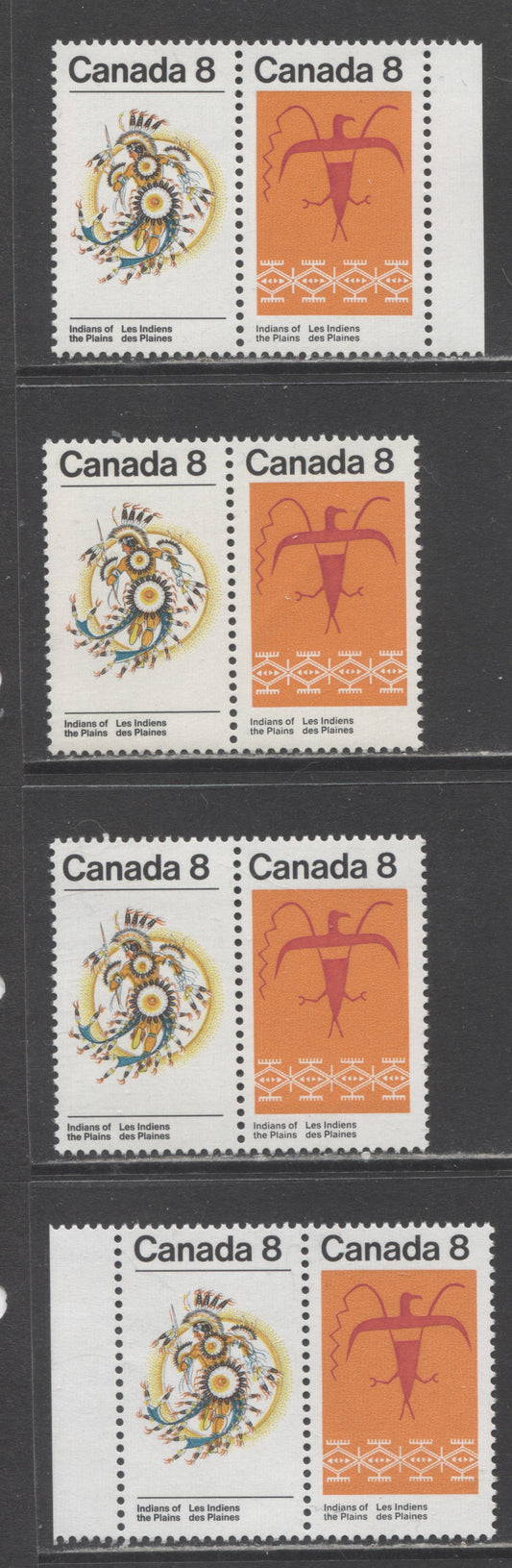 Lot 31 Canada #565a,aii 8c Multicolored Assiniboine Thunderbird & Sun Dance Costume, 1972 Plains Indians Issue, 4 VFNH Horizontal Pair On Different NF/DF, DF/DF-fl, DF/LF-fl & DF/F Vertical Ribbed Papers