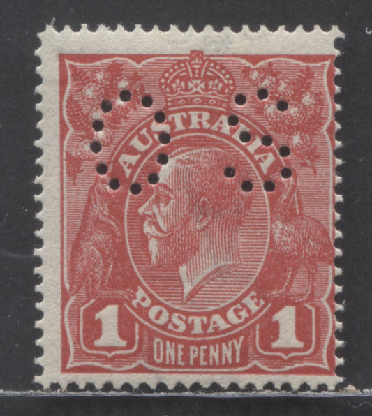 Australia SG#O39gw 1d Scarlet 1914-1921 Engraved KGV Profile Head Issue, Perforated, Comb Perf 14.25 x 14, Inverted Wmk, Rough Paper, A FOG Single, Click on Listing to See ALL Pictures, Estimated Value $10 USD
