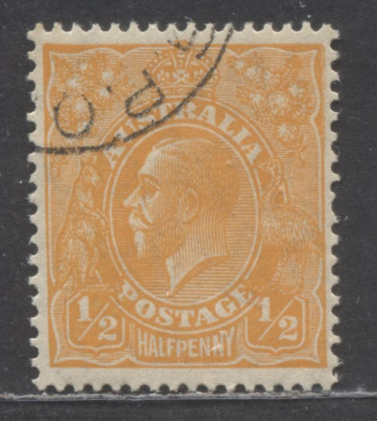 Australia SG#66s 1/2d Orange 1918-1923 Engraved KGV Profile Head Issue, Perf 13.5 x 12.5, CTO Example With Full NH Gum From Speciment Set, Small Multiple Crown Wmk, A Very Fine Used Single, Estimated Value $10 USD