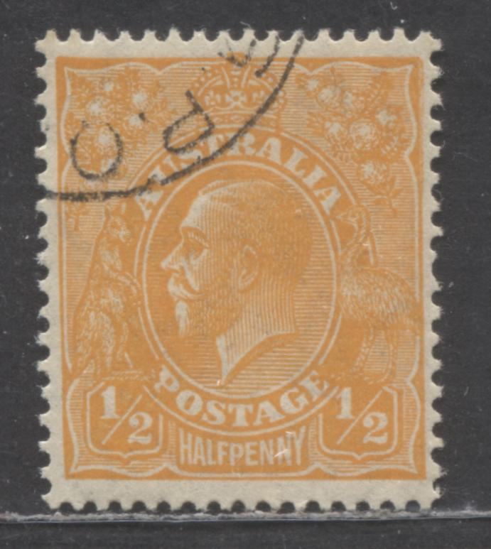 Australia SG#66s 1/2d Orange 1918-1923 Engraved KGV Profile Head Issue, Perf 13.5 x 12.5, CTO Example With Full NH Gum From Speciment Set, Small Multiple Crown Wmk, A Very Fine Used Single, Estimated Value $10 USD