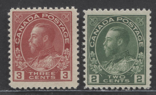 Canada #107e, 109 2c, 3c Green, Carmine Red, 1911 - 1925 King George V Admiral Issue, 2 FNH Singles Die1 Dry Printings - F-65 NH