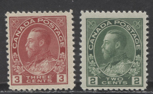 Canada #107e, 109 2c, 3c Green, Carmine Red, 1911 - 1925 King George V Admiral Issue, 2 FNH Singles Die1 Dry Printings - F-70 NH