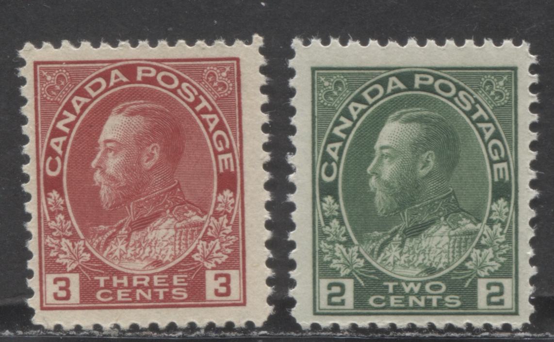 Canada #107e, 109 2c, 3c Green, Carmine Red, 1911 - 1925 King George V Admiral Issue, 2 FNH Singles Die1 Dry Printings - F-70 NH