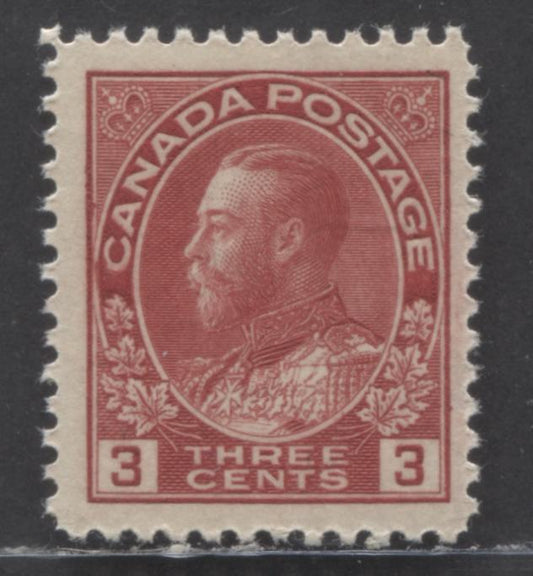 Canada #109 3c Carmine Red, 1911 - 1925 King George V Admiral Issue, A VFNH Single Die 1 Dry Printing, Some What Streaky Cream Satin Gum