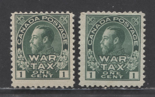Lot 55 Canada #MR1 1c Deep Green & Bluish Green King George V, 1915 Admiral War Tax Issue, 2 FOG Singles