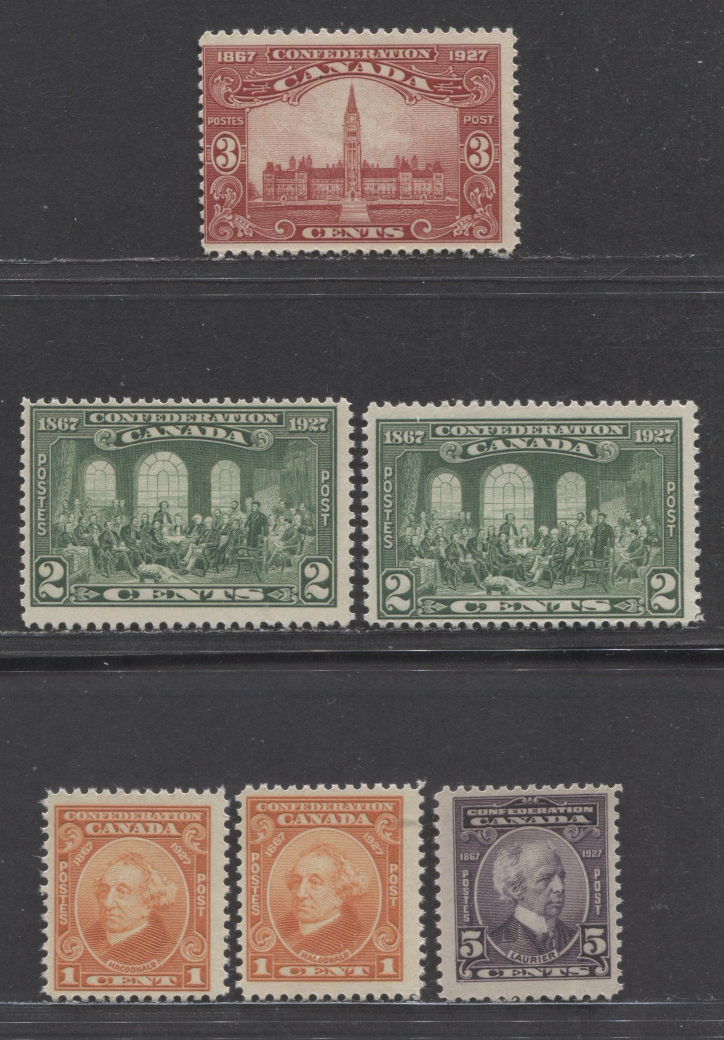 Lot 56 Canada #141-144 1c-5c Orange-Violet Sir John A Macdonald - Sir Wilfrid Laurier, 1927 60th Anniversary Of Confederation Issue, 6 FNH Singles With Streaky & Smooth Gums