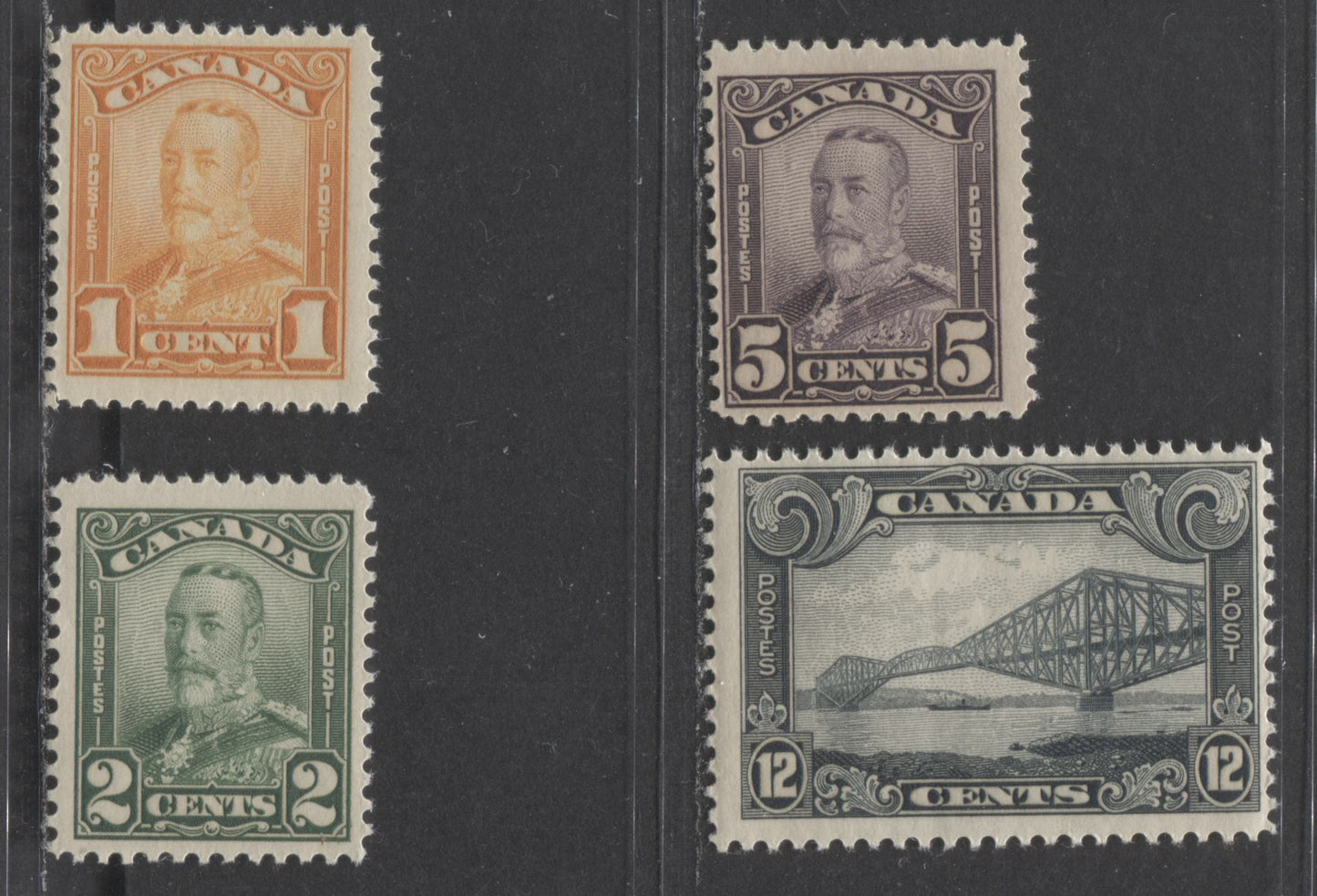 Lot 57 Canada #149-150, 153, 156 1c/12c Orange/Gray King George V & Quebec Bridge, 1928-1929 Scroll Issue, 4 FNH Singles