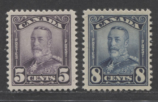 Lot 38 Canada #153-154 5c-8c Deep Violet & Blue King George V, 1928-1929 Scroll Issue, 2 VFNH Singles