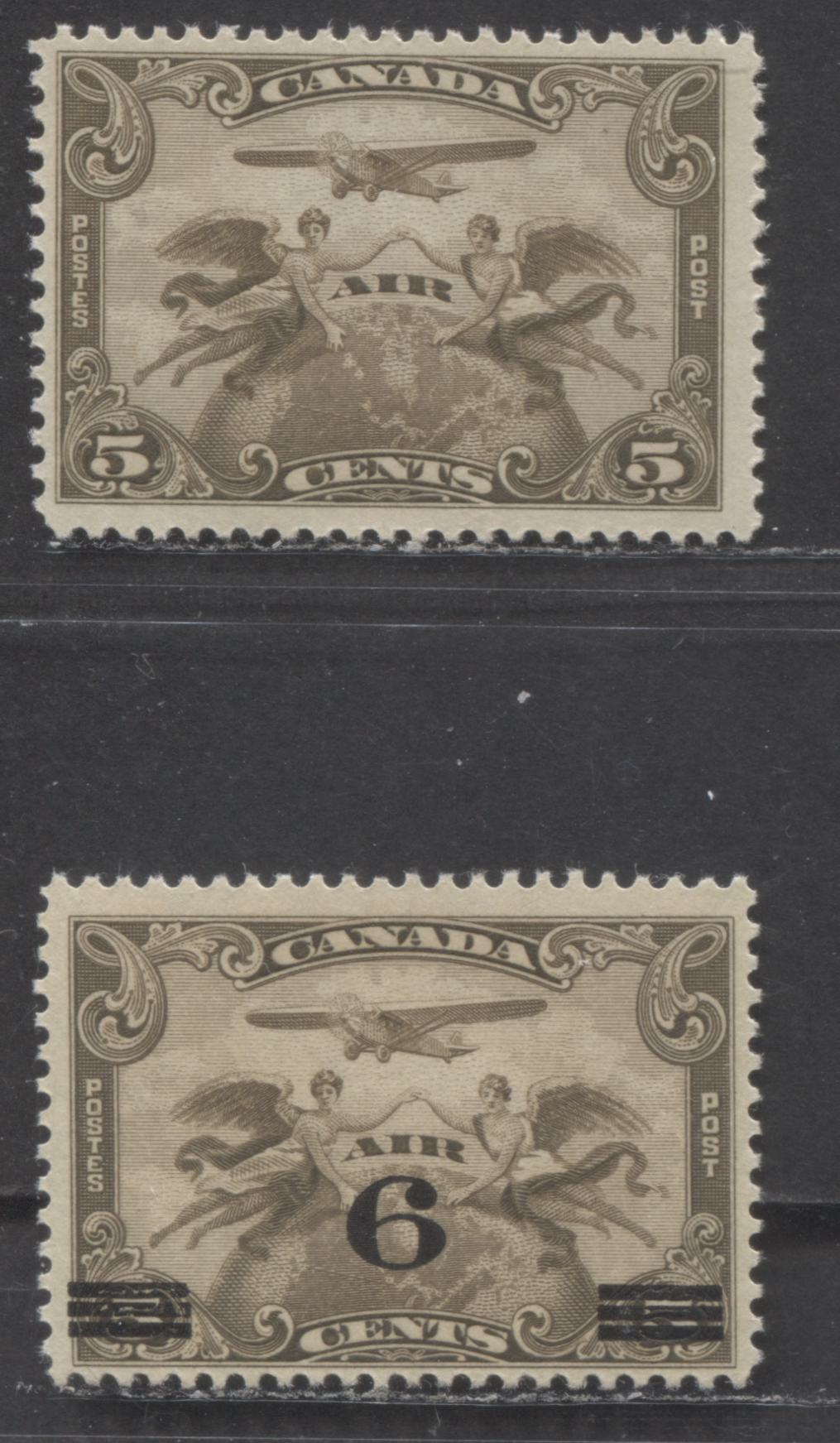 Canada #C1, C3 5c & 6c on 5c Brown Olive Winged Figures & Surcharges, 1928-1932 Airmail Issues, 2 FNH Singles