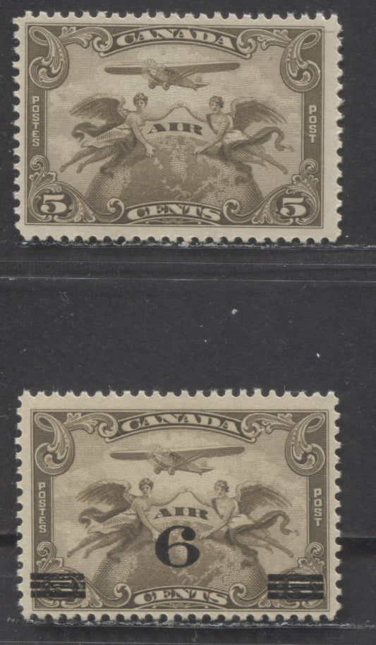 Canada #C1, C3 5c & 6c on 5c Brown Olive Winged Figures & Surcharges, 1928-1932 Airmail Issues, 2 FNH Singles