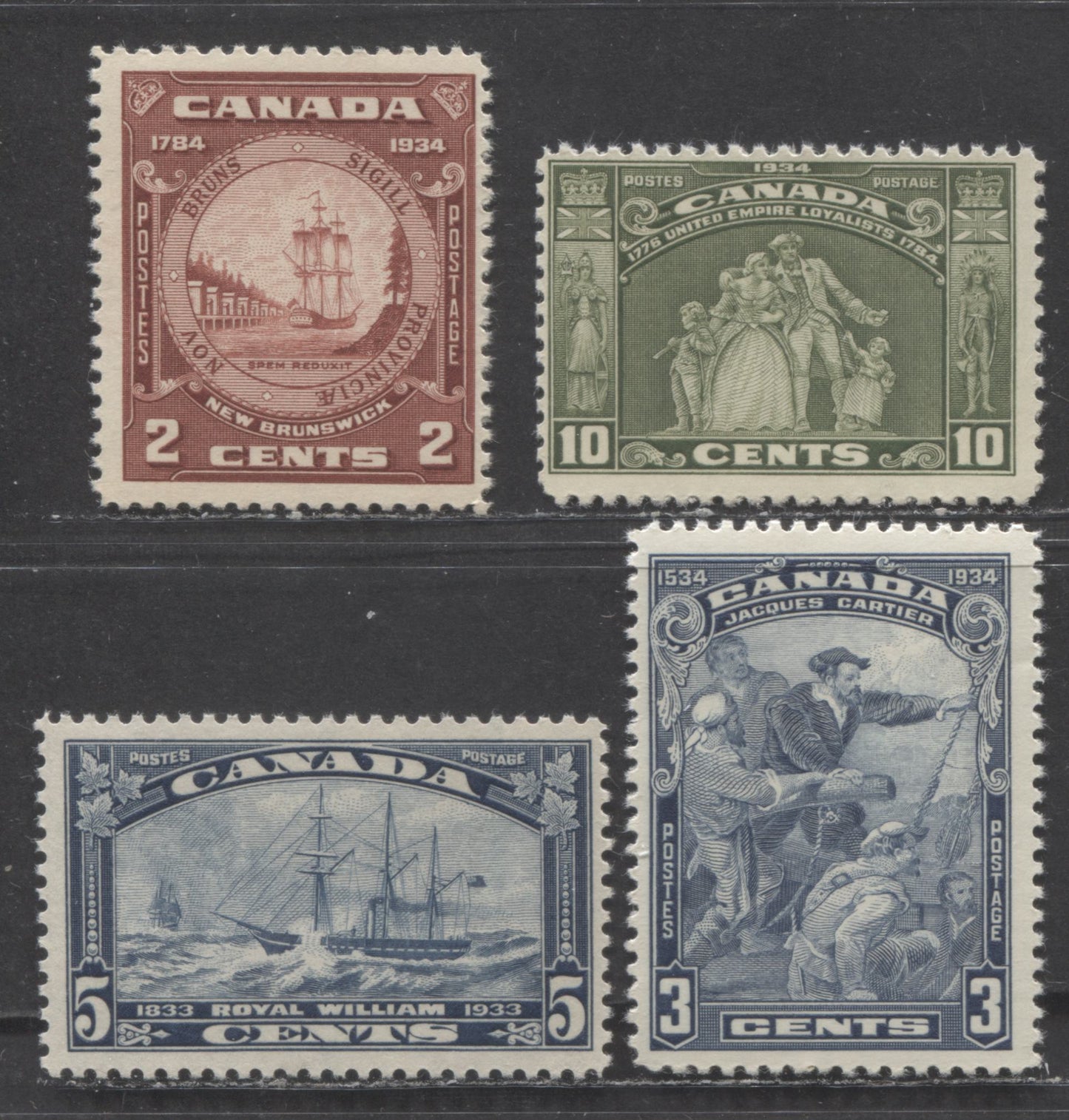 Canada #204, 208-210 3c, 5c, 10c & 20c Blue, Dark Blue, Olive Green & Red Brown Jacques Cartier, Royal William, Loyalist Statue & N.B Seal, 1933-1934 Commemoratives, 4 FNH Singles