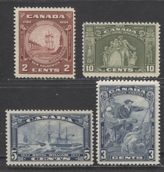 Canada #204, 208-210 3c, 5c, 10c & 20c Blue, Dark Blue, Olive Green & Red Brown Jacques Cartier, Royal William, Loyalist Statue & N.B Seal, 1933-1934 Commemoratives, 4 FNH Singles