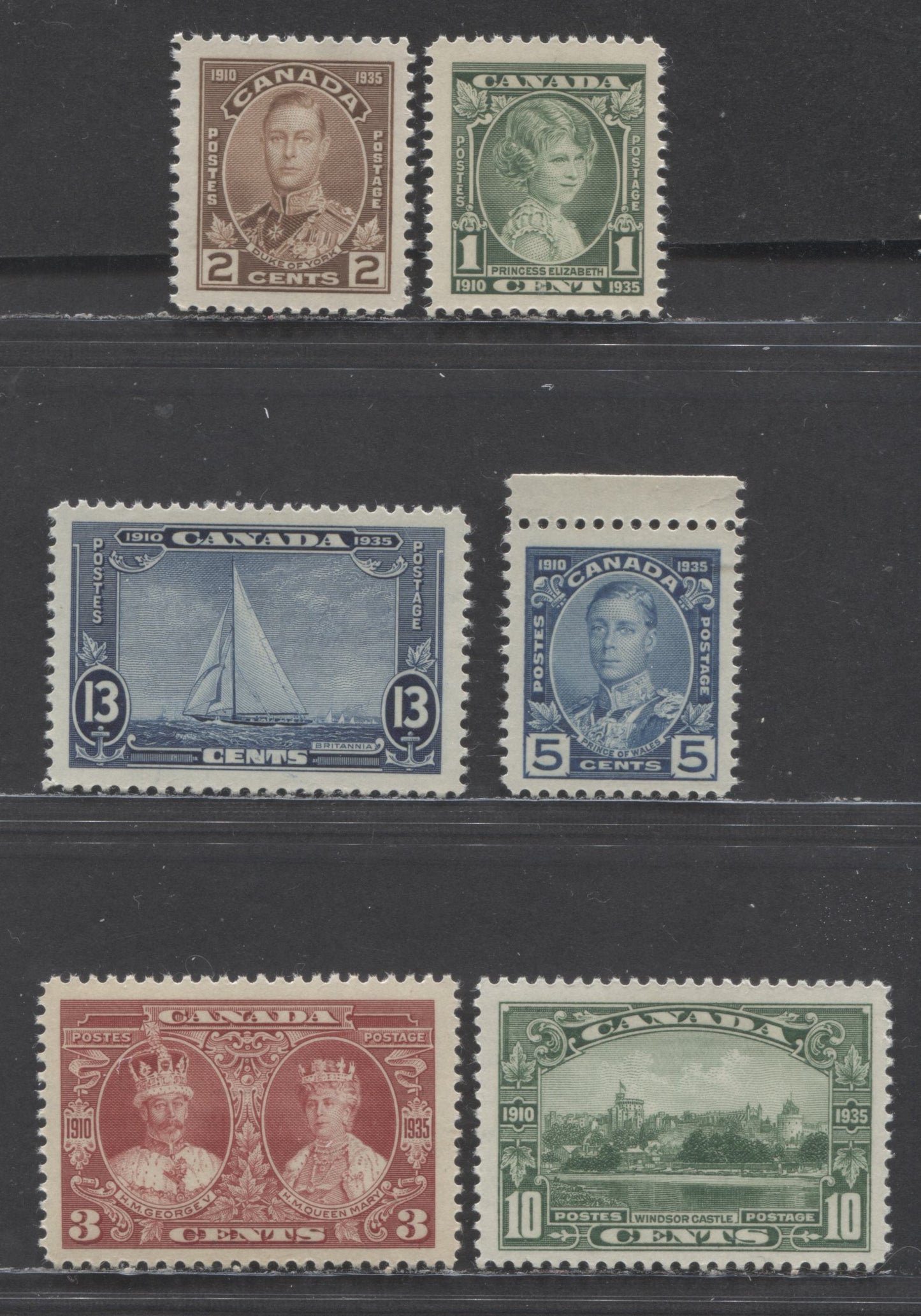 Lot 40 Canada #211-216 1c - 13c Green - Dark Blue Princess Elizabeth - Royal Yacht Britannia, 1935 King George V Silver Jubilee Issue, 6 VFNH Singles