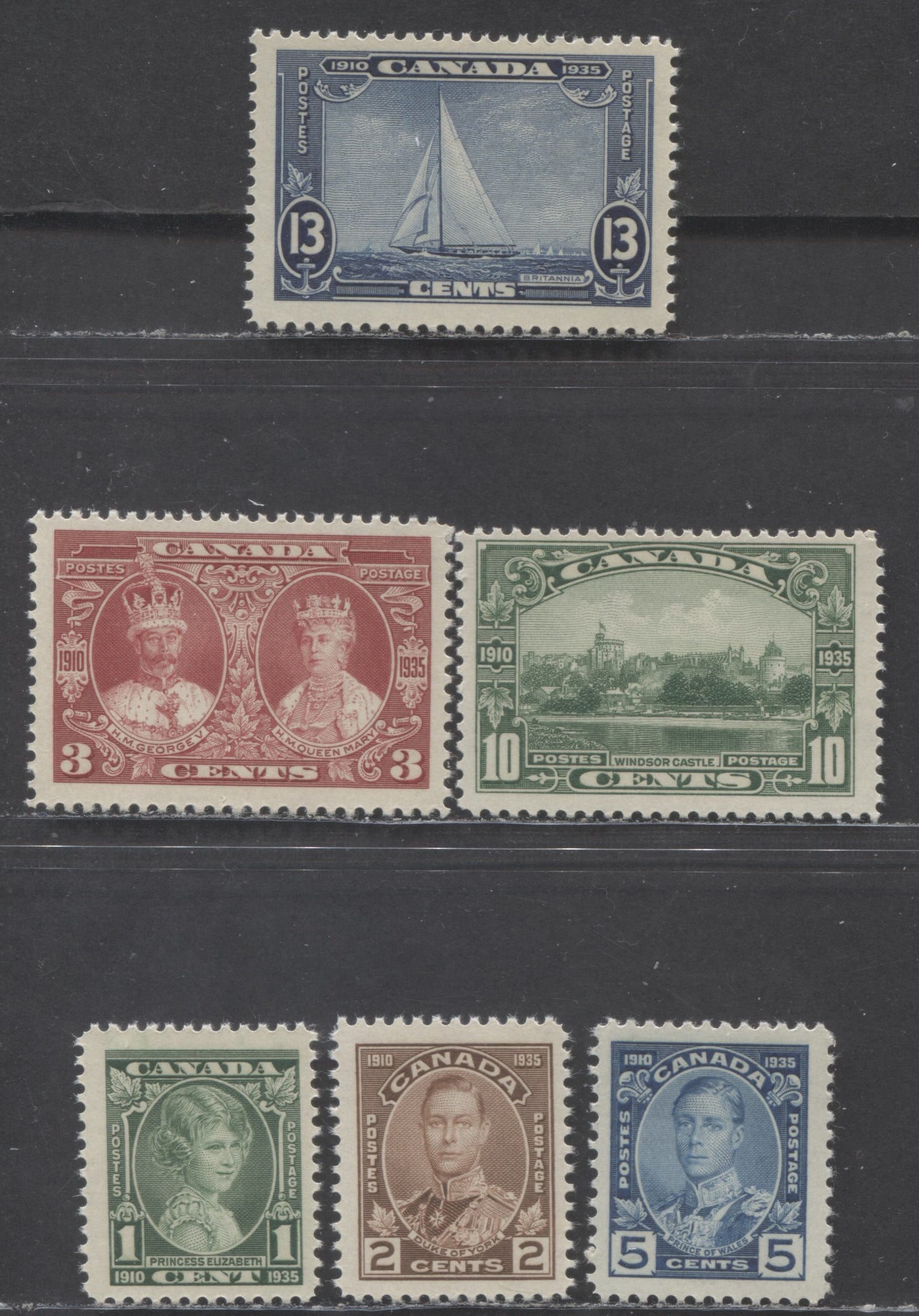 Lot 155 Canada #211-216 1c - 13c Green - Dark Blue Princess Elizabeth - Royal Yacht Britannia, 1935 King George V Silver Jubilee Issue, 6 FNH Singles