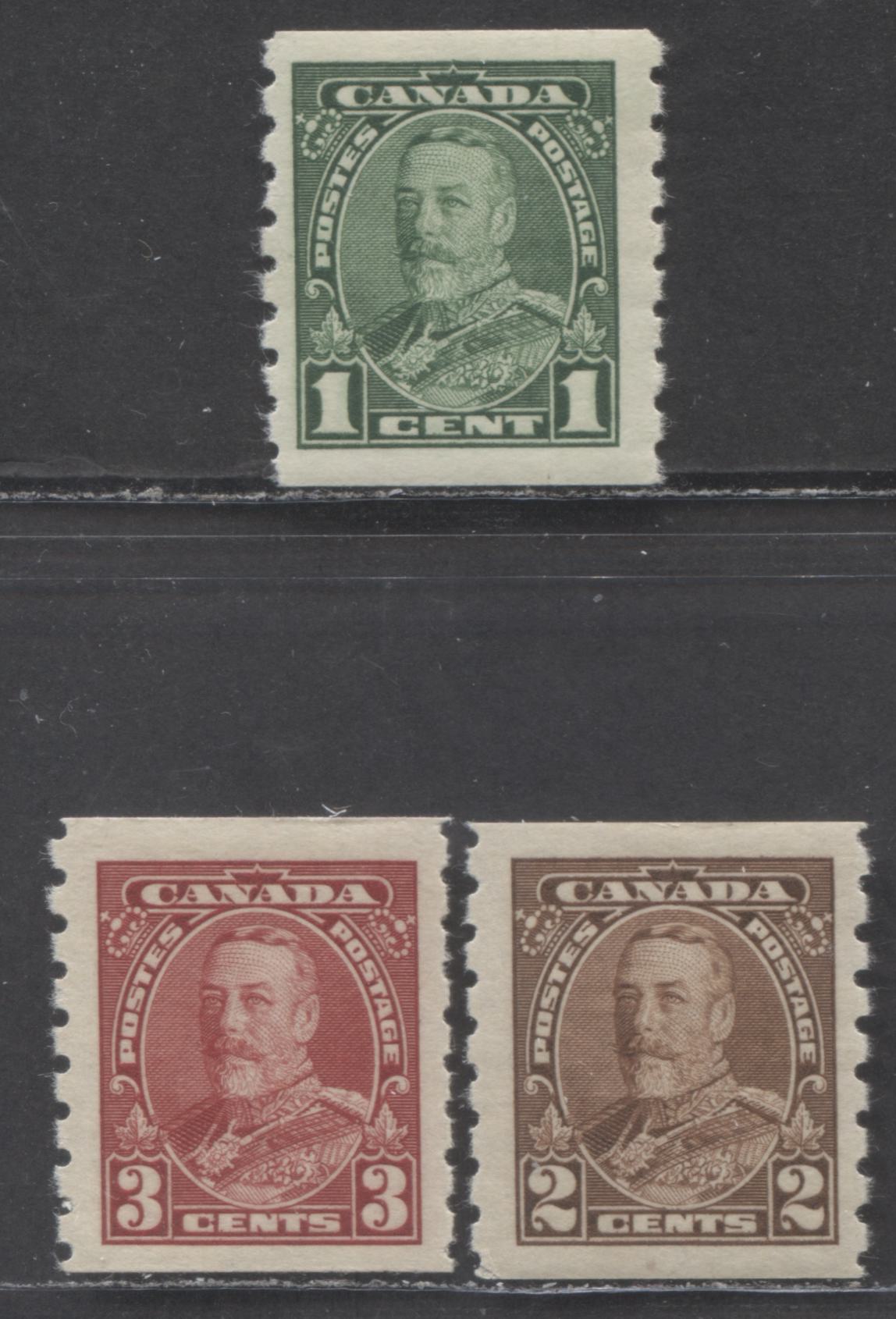 Canada #228-230 1c - 3c Green - Dark Carmine, 1935 King George V Pictorial Issue Coil Stamps, 3 FOG Singles
