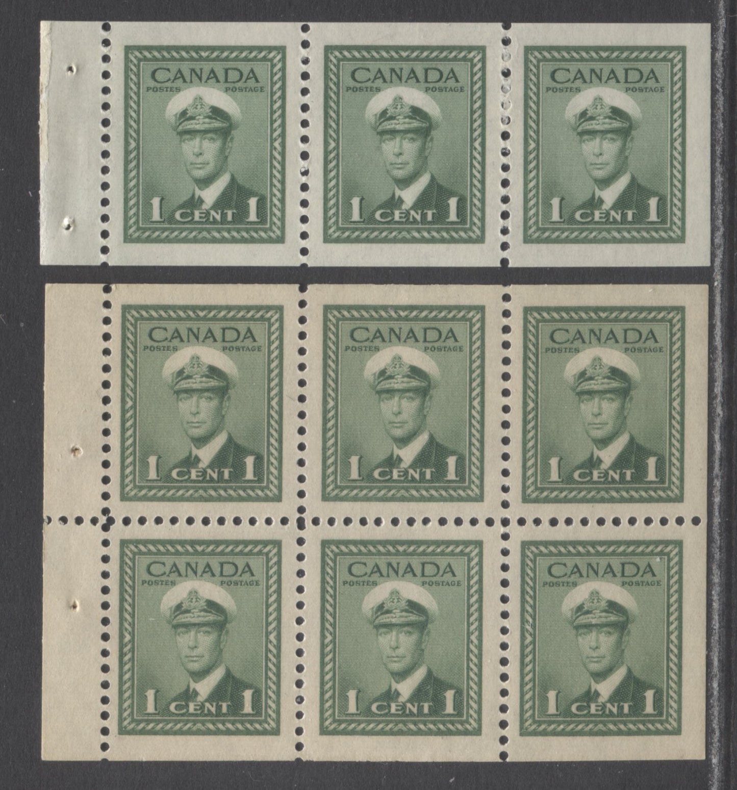 Lot 56 Canada #249b, 249c 1c Green, 1942 - 1943 King George VI War Issue, A VFNH Booklet Pane Of 3 & 6