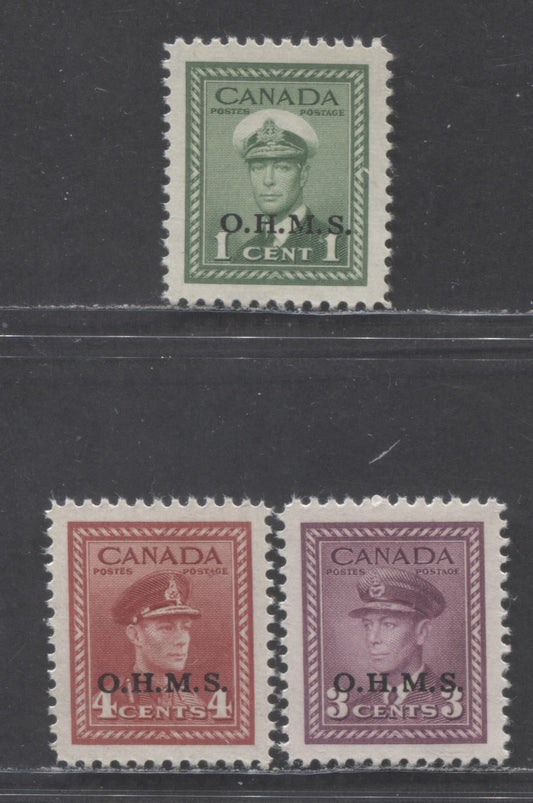Canada #O1, O3-O4 1c,3c-4c Green, Rose Violet - Dark Carmine, 1949 - 1950 Overprinted Officials King George VI War Issue, 3 VFNH Singles