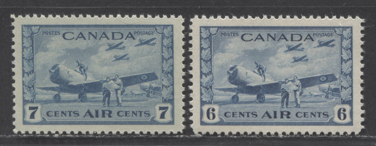 Canada #C7 - C8 6c - 7c Deep Blue British Commonwealth Air Training, 1942 - 1943 Air Mail Stamp - War Issue, 2 VFNH Singles On Vertical Wove Paper With Cream Gum