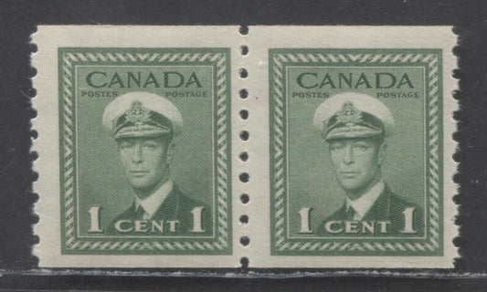 Canada #279 1c Green, 1948 King George VI War Issue Coil Stamps, A FNH Coil Pair On Vertically Ribbed Paper With Deep Cream Gum, Vertically Perf 9.5