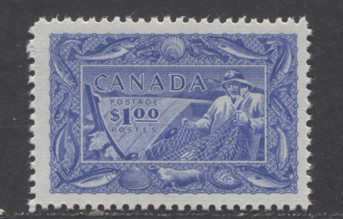 Lot 57 Canada #302 $1 Bright Ultramarine Fisherman, 1951 Fishing Resources Issue, A VFNH Single On Horizontal Ribbed Paper With Yellowish Gum, Perf 12