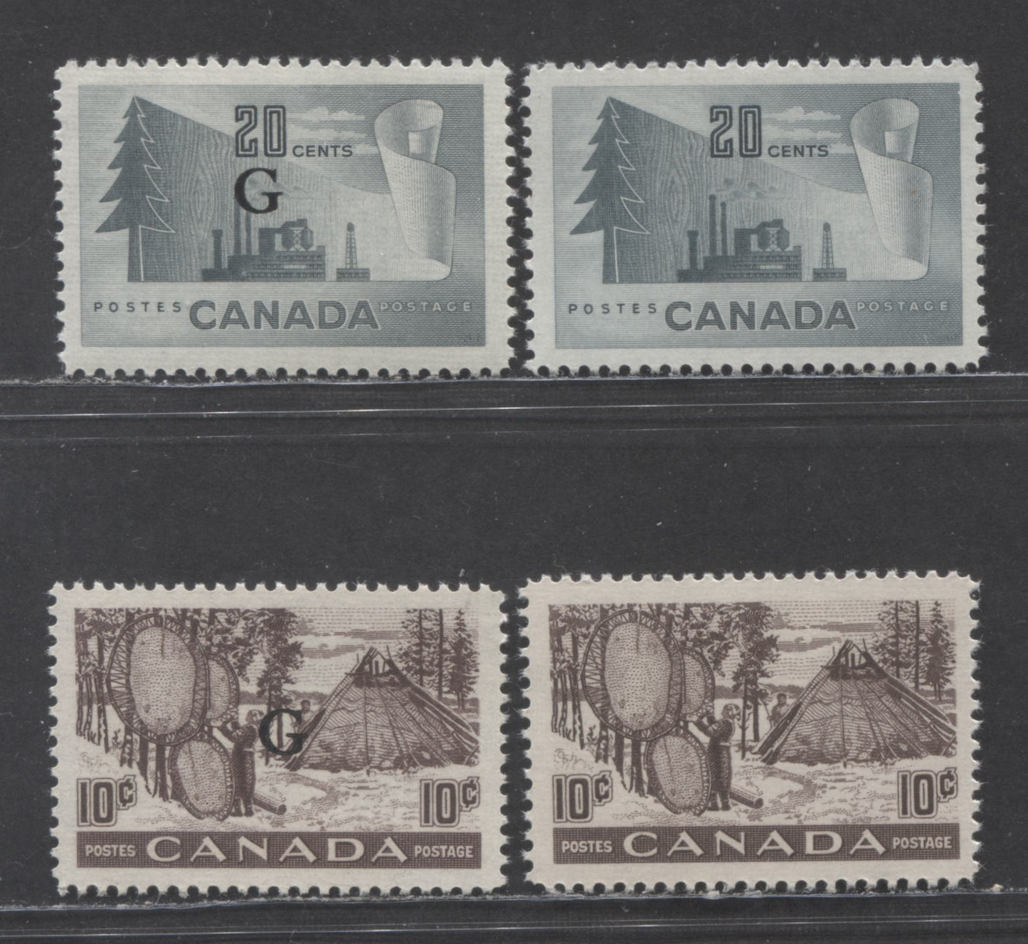 Canada #O26, O30, 301, 316 10c & 20c Black Brown & Gray Drying Skins & Paper Mill, 1950-1952 Fur & Forestry Resource  & G Overprint Issues, 4 VFNH Singles