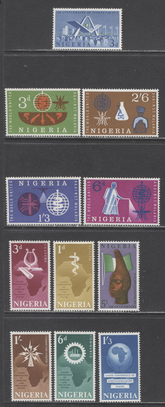 Nigeria SC#123-133 1962 Conference Of Malagasy States, Malaria Eradication & 2nd Anniversary Of Independence, 11 VFNH Singles, Click on Listing to See ALL Pictures, 2017 Scott Cat. $3.8 USD