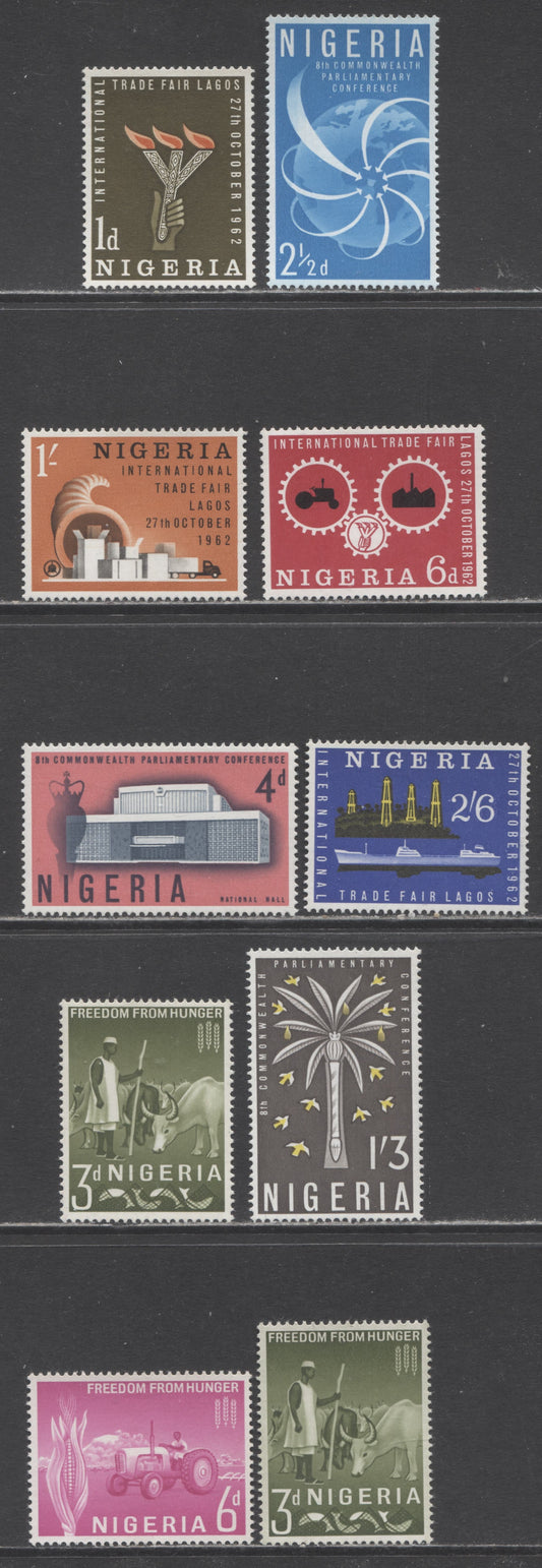 Nigeria SC#134-142 1962-1963 Lagos Trade Fair & Freedom From Hunger, Includes Extra Brownish Olive Shade Of The 3d, 10 VFNH Singles, Click on Listing to See ALL Pictures, 2017 Scott Cat. $5.4 USD