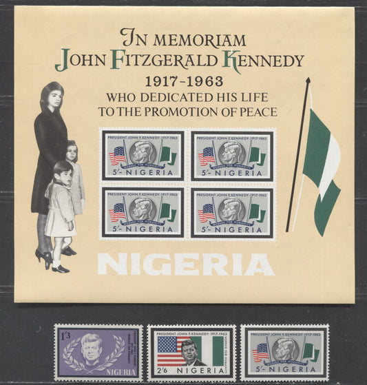Nigeria SC#159-161a 1964 Kennedy Memorial Issue On HF, LF & F Papers, 4 VFNH Singles & Souvenir Sheet, Click on Listing to See ALL Pictures, 2017 Scott Cat. $9.8 USD
