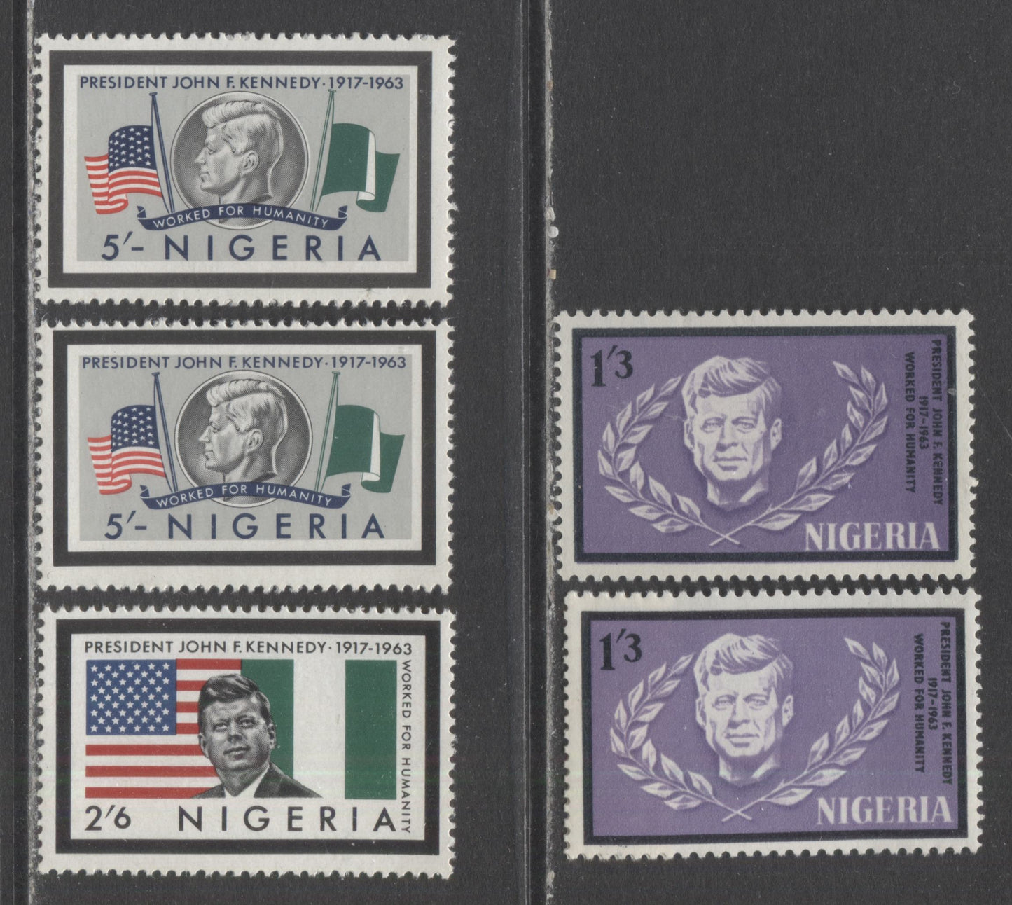 Nigeria SC#159-161 1964 Kennedy Memorial Issue, With Unlisted Paper Varieties, 5 F/VFNH Singles, Click on Listing to See ALL Pictures, Estimated Value $10 USD