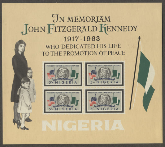 Nigeria SC#161a 5/- Multicolored 1964 Kennedy Memorial Issue On MF Paper, A VFNH Souvenir Sheet, Click on Listing to See ALL Pictures, Estimated Value $15 USD