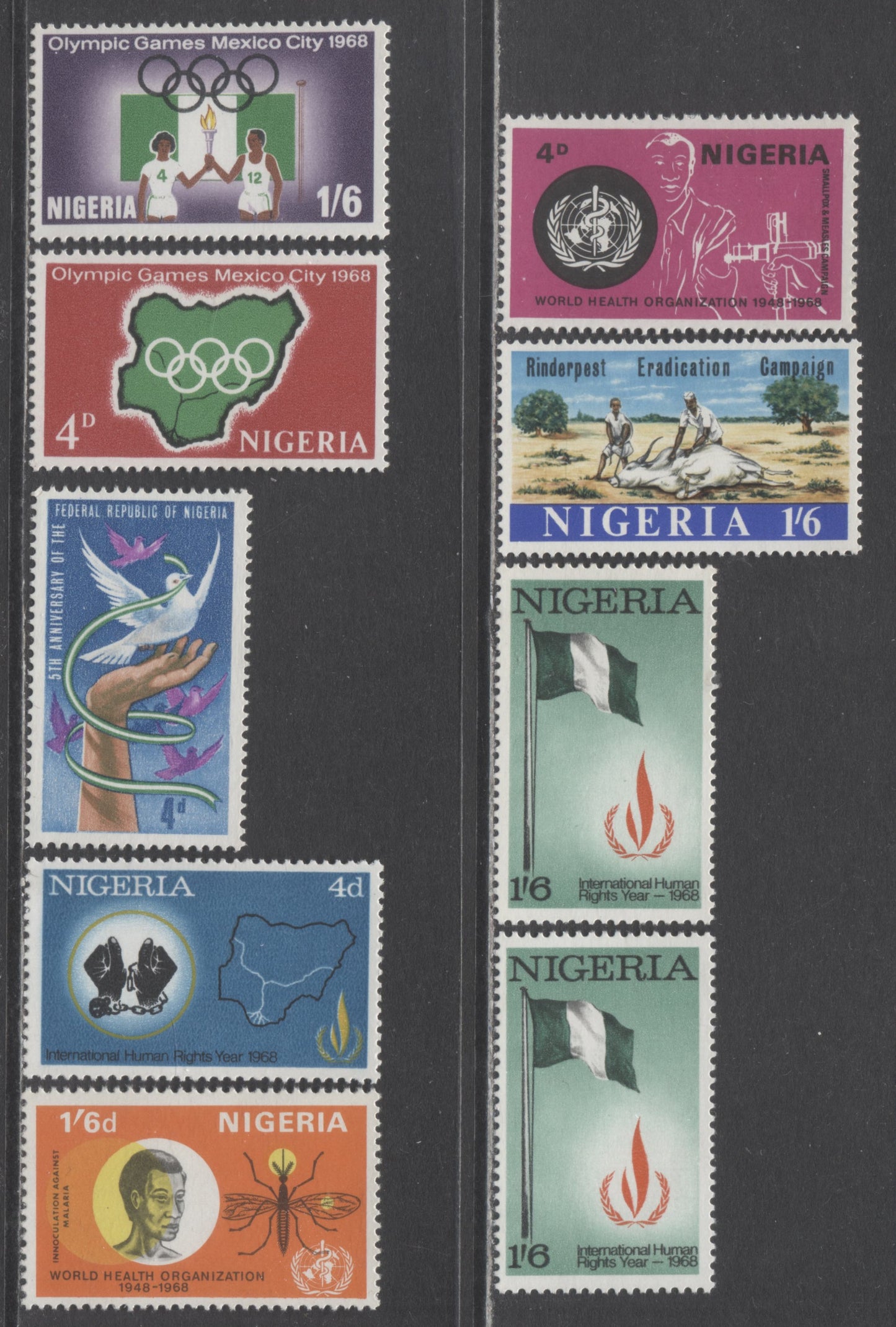 Nigeria SC#215/223 1967-1968 Rinderpest Campaign - Mexico Olympics With Unlisted Paper Varieties, 9 VFNH Singles, Click on Listing to See ALL Pictures, 2017 Scott Cat. $3.7 USD