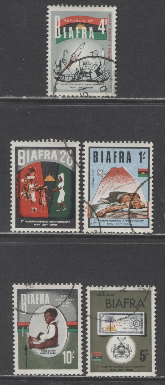 Biafra SC#17-21 1968 1st Anniversary Of Independence, Favour Cancelled, 5 Very Fine Used Singles, Click on Listing to See ALL Pictures, 2017 Scott Cat. $13.55 USD