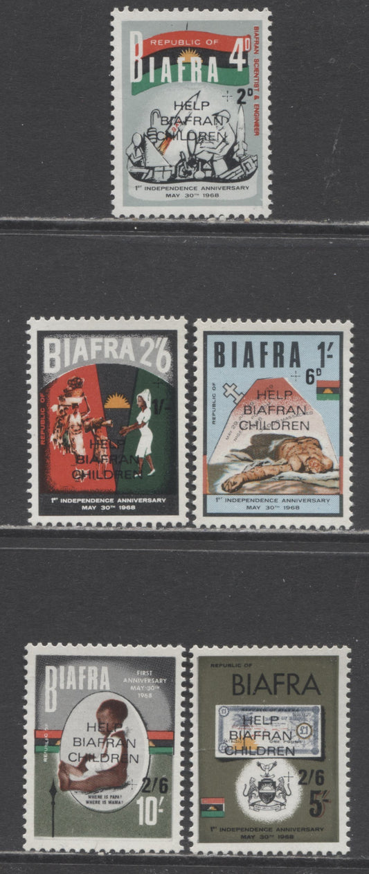 Biafra SC#17-21 1968 1st Anniversary Of Independence, Help Biafran Children Overprints, Unissued, 5 VFNH Singles, Click on Listing to See ALL Pictures, 2017 Scott Cat. $4 USD