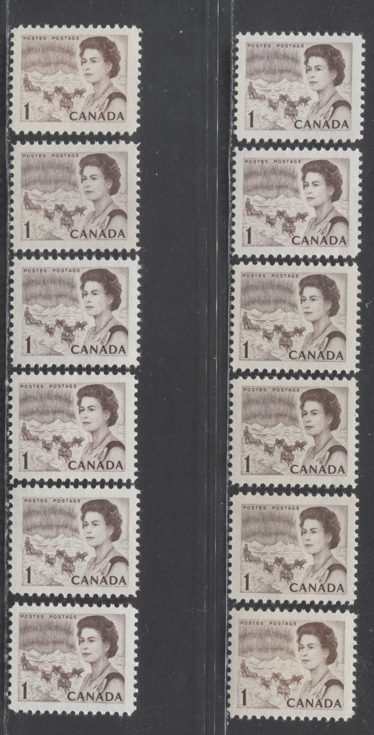 Canada #454 1c Brown Northern Lights & Dogsled Team, 1967 - 1973 Centennial Definitives - Low Values Issue, 12 VFNH Singles On Different Types Of DF Non-Flecked Paper ,Shades And Gums