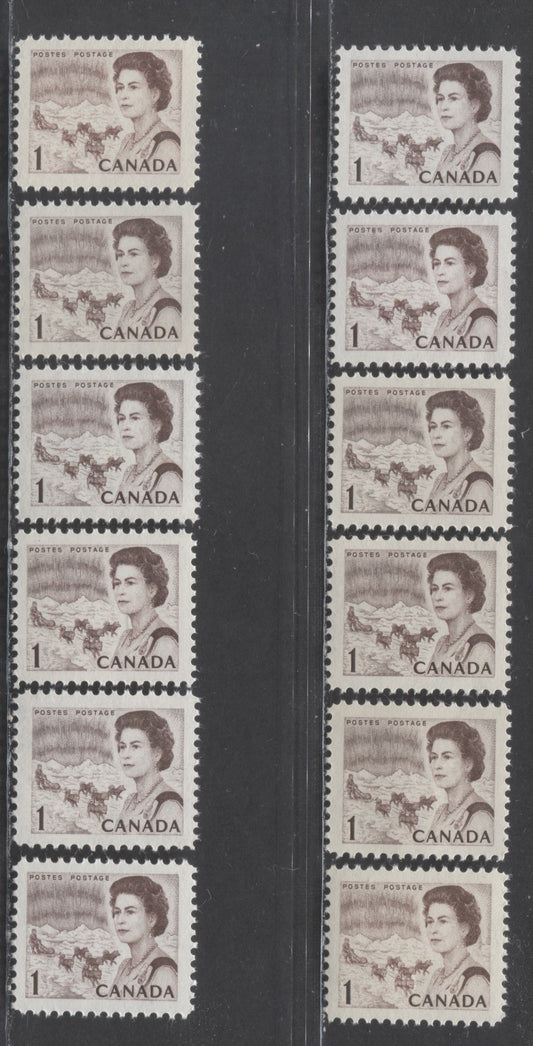 Canada #454 1c Brown Northern Lights & Dogsled Team, 1967 - 1973 Centennial Definitives - Low Values Issue, 12 VFNH Singles On Different Types Of DF Non-Flecked Paper ,Shades And Gums