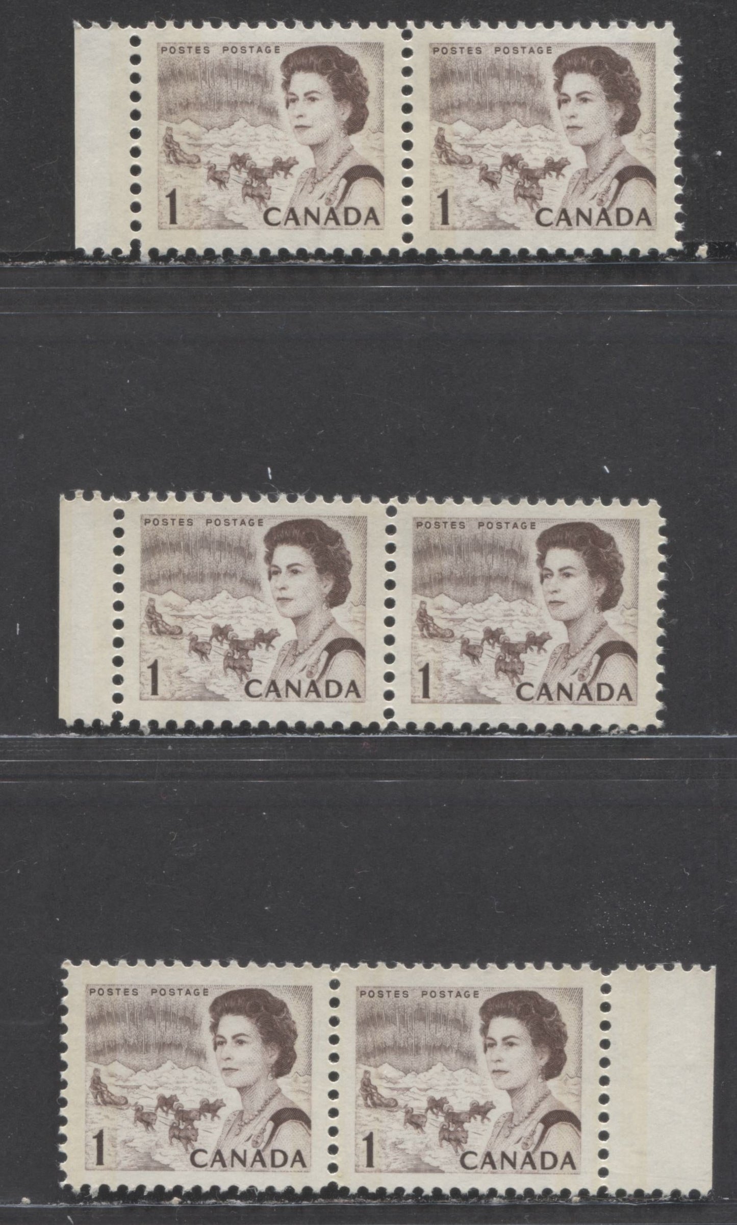 Canada #454p var 1c Deep Dull Violet Brown Northern Lights & Dogsled Team, 1967 - 1973 Centennial Definitives - Low Values Issue, 3 VFNH Pairs With W2B Tagging Showing Normal And Narrow Spacing Between Tag Bars, DF Greyish Paper, Smooth Dex