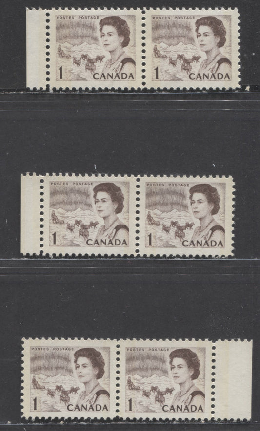 Canada #454p var 1c Deep Dull Violet Brown Northern Lights & Dogsled Team, 1967 - 1973 Centennial Definitives - Low Values Issue, 3 VFNH Pairs With W2B Tagging Showing Normal And Narrow Spacing Between Tag Bars, DF Greyish Paper, Smooth Dex