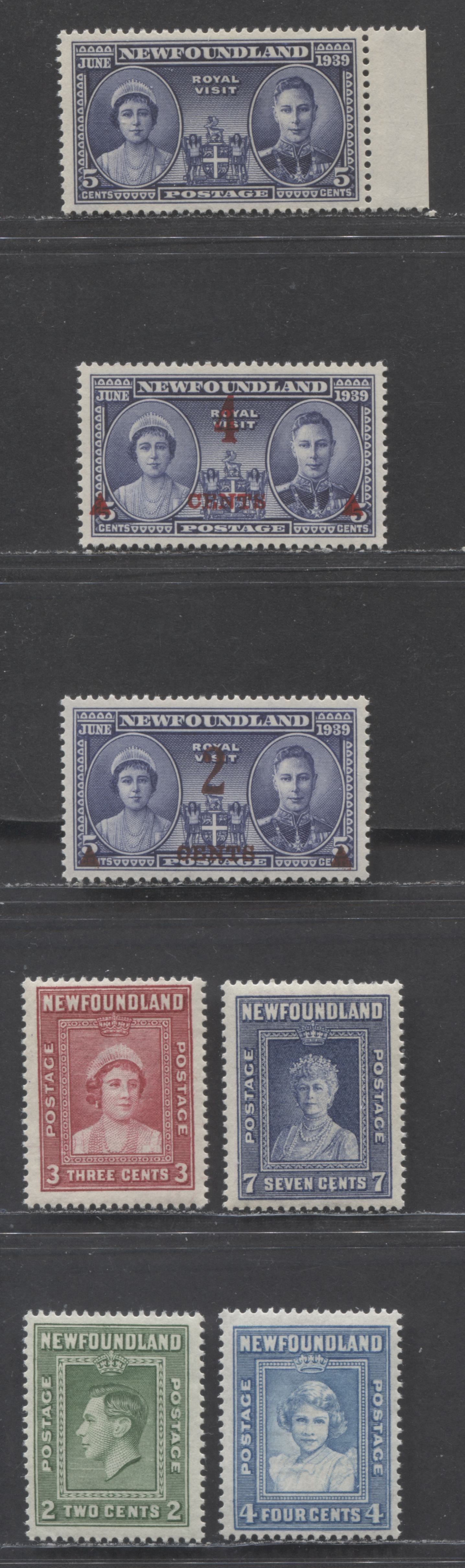 Newfoundland #245-251 2c-2c on 5c Green-Violet Blue King George VI - Queen Elizabeth & KGVI, 1938-1939 Royal Family, Royal Visit & Royal Visit Surcharge Issues, 7 F/VFNH Singles