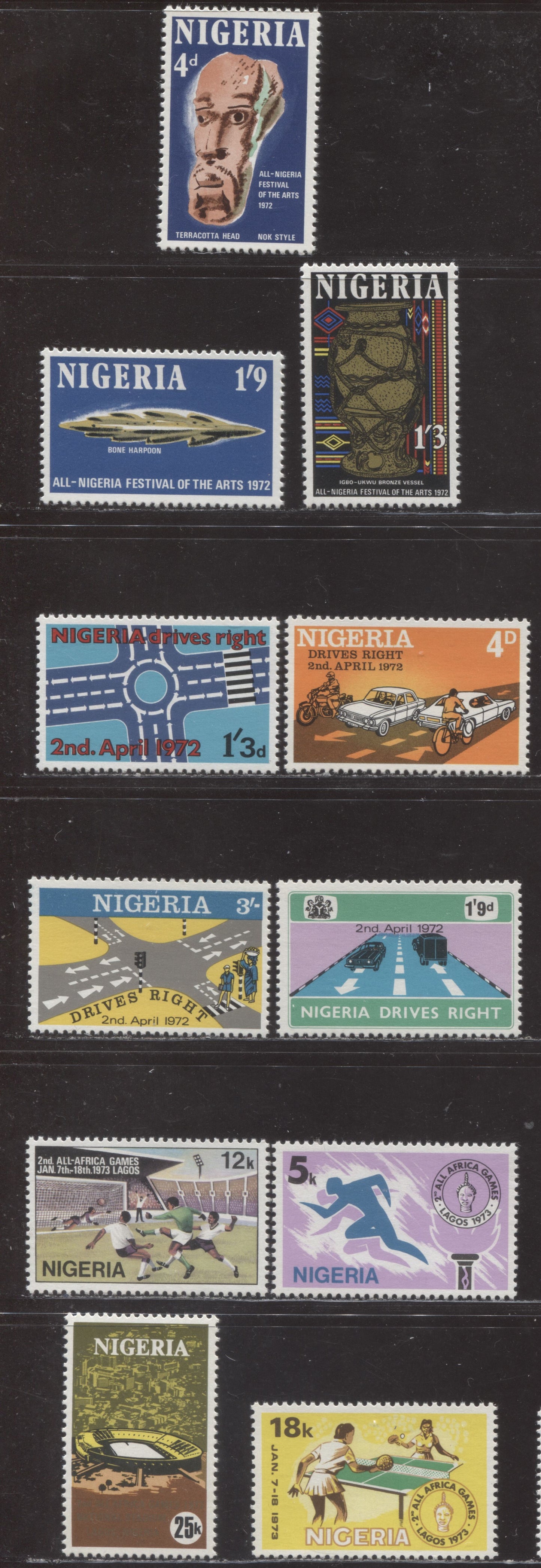 Nigeria SC#280-290 1972-1973 Nigeria Drive Right - All Africa Games Issues, 11 VFNH Singles, Click on Listing to See ALL Pictures, 2017 Scott Cat. $10.1 USD