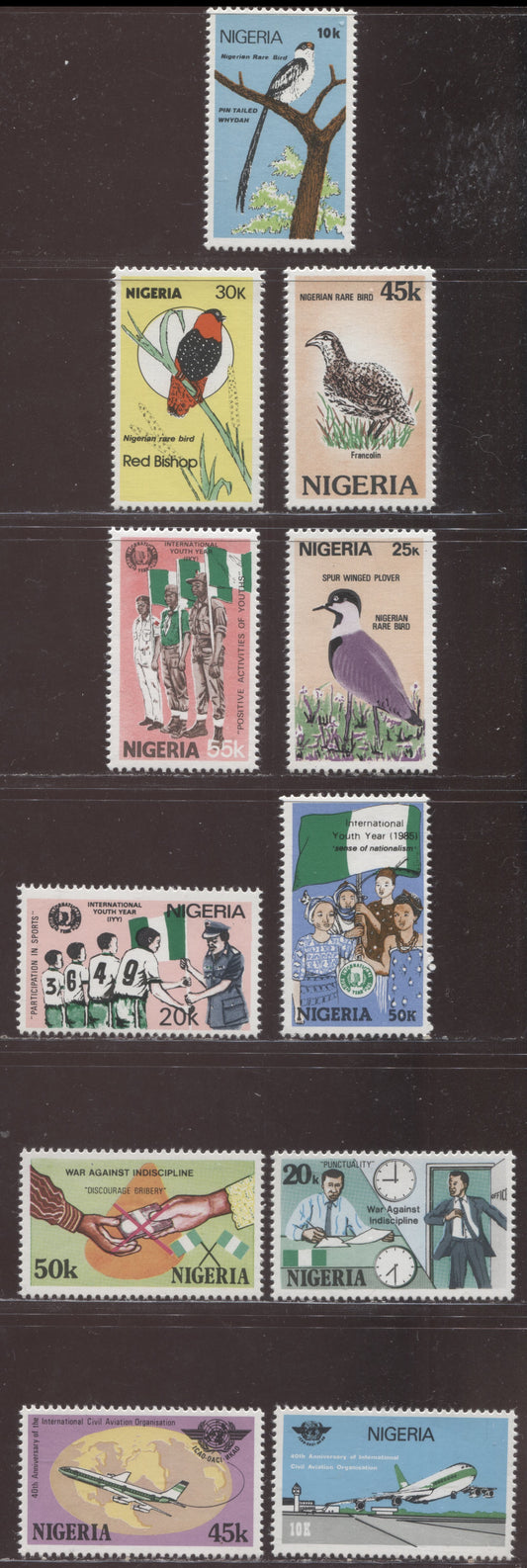 Nigeria SC#462-470 1984-1985 Birds - Youth Year Issues, 11 VFNH Singles, Click on Listing to See ALL Pictures, 2017 Scott Cat. $11.75 USD