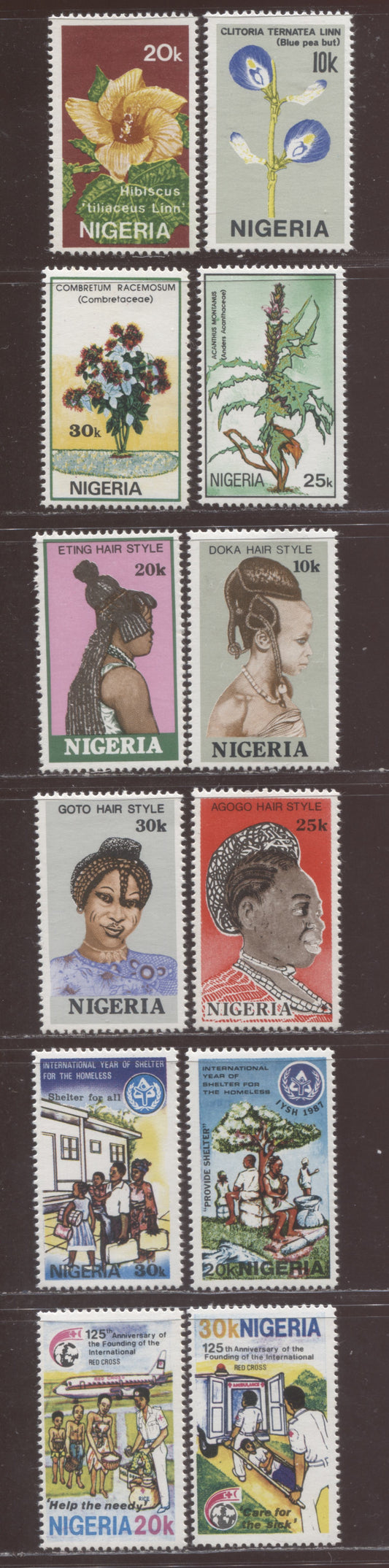 Nigeria SC#517-528 1987-1988 Flowers - Red Cross Issues, 12 VFNH Singles, Click on Listing to See ALL Pictures, 2017 Scott Cat. $4.5 USD