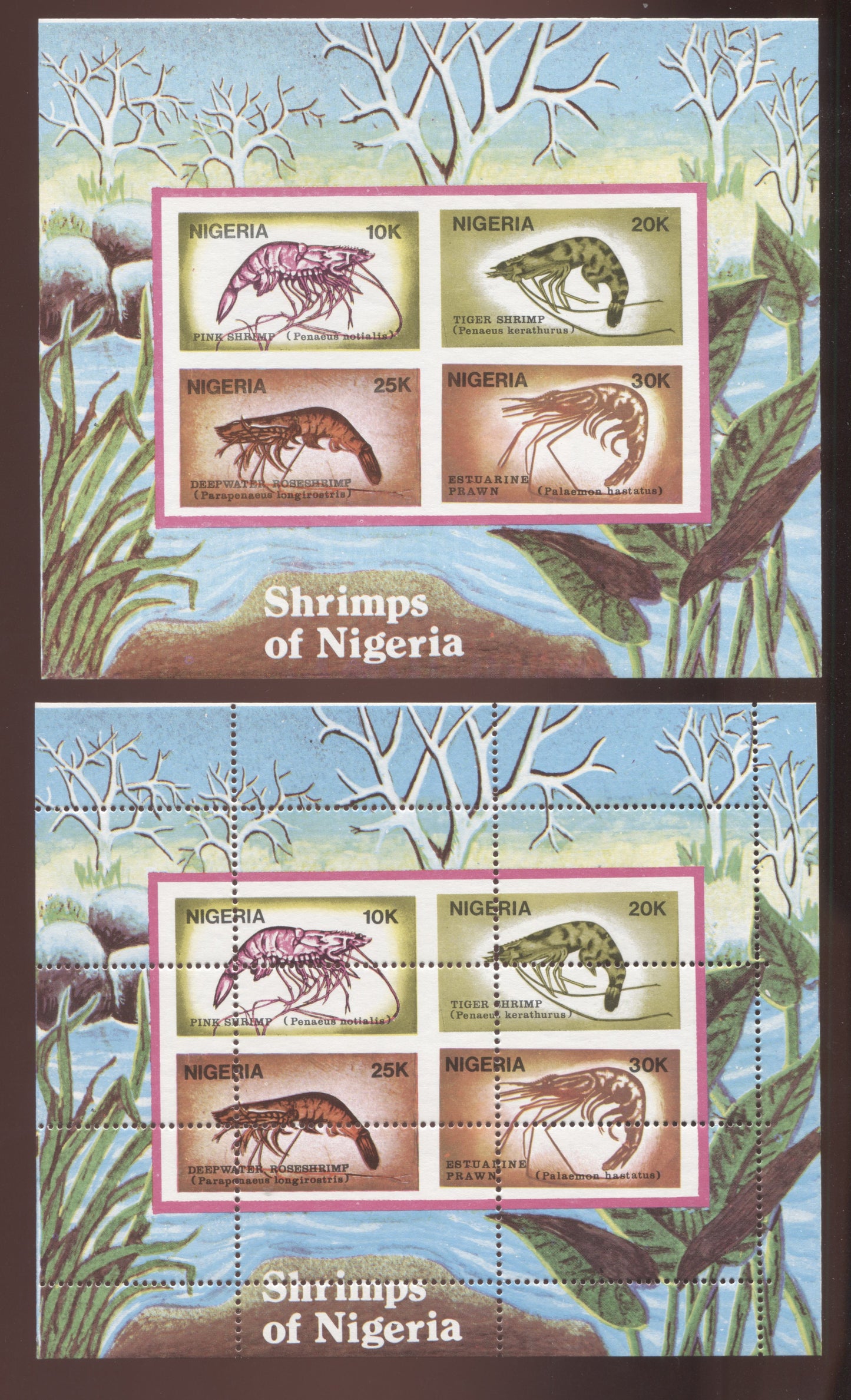Lot 141 Nigeria SC#537a 1988 Shrimps Issue, 2 VFNH Souvenir Sheets, One With Imperf & One Misperforated, Click on Listing to See ALL Pictures, Estimated Value $35 USD