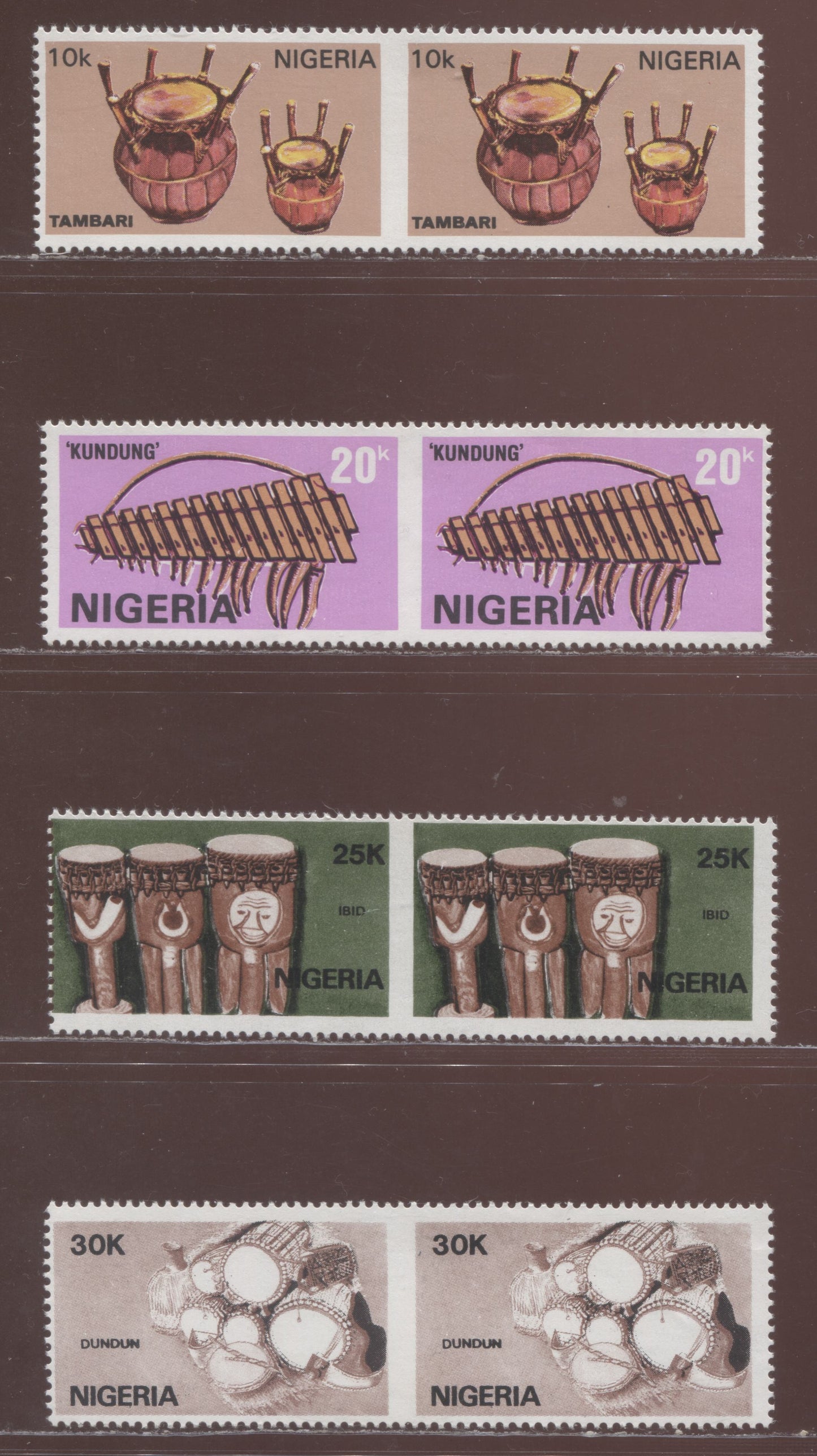 Nigeria SC#545-548 1989 Musical Instruments, 4 VFNH Imperf Between Pairs, Click on Listing to See ALL Pictures, Estimated Value $20 USD