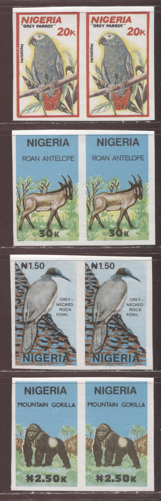 Nigeria SC#571var-574var 1990 Wildlife Issue, 4 VFNH Imperf Horizontal Pairs, Click on Listing to See ALL Pictures, Estimated Value $20 USD
